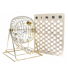 A gold wire bingo drum filled with balls, and a bingo tray beside it.