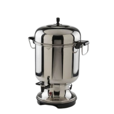 A metal coffee percolator.