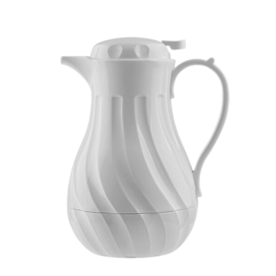 A 64oz white thermal pitcher with a swirl pattern.
