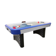 A blue, silver, and black air hockey table.