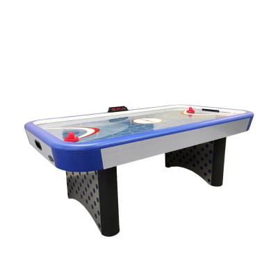 A blue, silver, and black air hockey table.