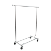 A metal coat rack on wheels.