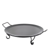 A non-stick iron griddle with a stand.