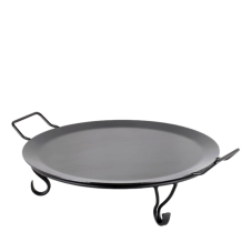 A non-stick iron griddle with a stand.