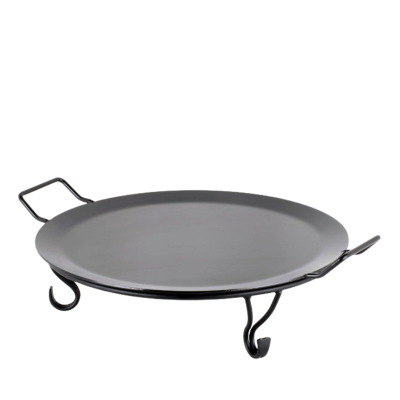 A non-stick iron griddle with a stand.