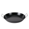 A black 22 inch non-stick paella pan.