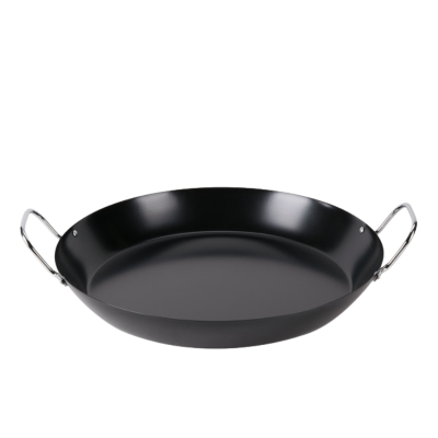 A black 22 inch non-stick paella pan.