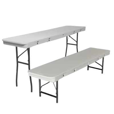 Two long, narrow, white tables, one with high legs and one with short legs.