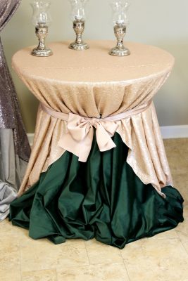 pedestal high top bistro table with leaf velvet linen underlay