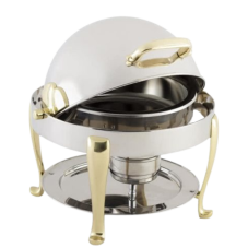 A 4qt brass and chrome round roll top chafer.
