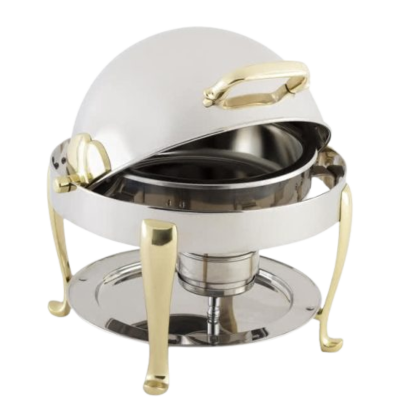 A 4qt brass and chrome round roll top chafer.