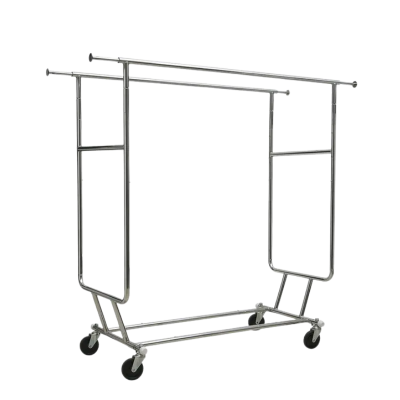 A metal coat rack on wheels.