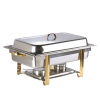 An 8 qt brass and chrome rectangular chafer.