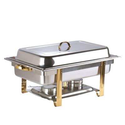 An 8 qt brass and chrome rectangular chafer.