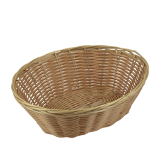 A tan wicker bread basket.