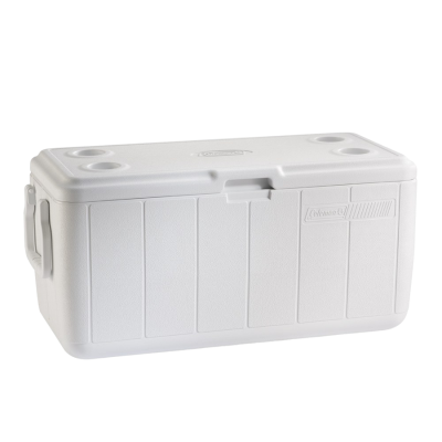 A white 100 quart cooler.