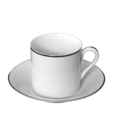 A platinum band demitasse cup sitting on a matching saucer.