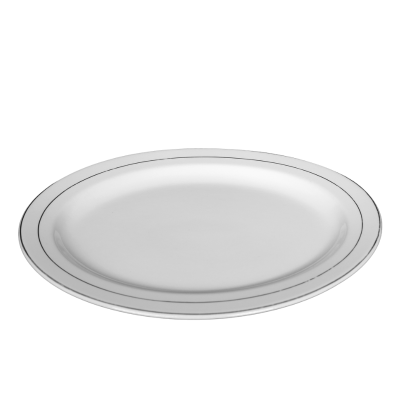 A white 13 inch oval platter with two platinum bands around the rim.
