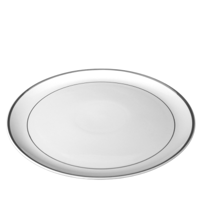 A round white platter with thin platinum bands around the rim.