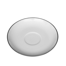 A white saucer with a platinum band around the rim.