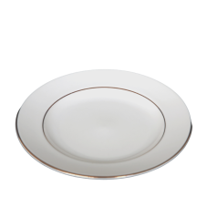 A 6 inch plate with decorative gold rings on and near the edge.