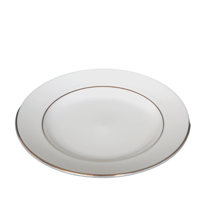 A 6 inch plate with decorative gold rings on and near the edge.