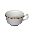 A coffee cup with a decorative gold ring around the rim.