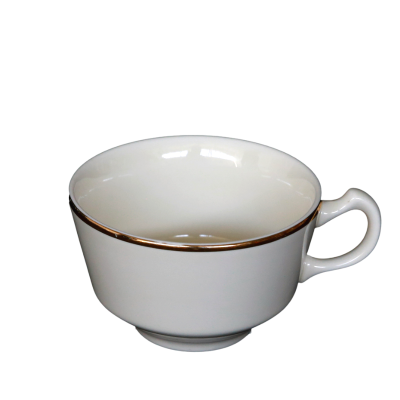 A coffee cup with a decorative gold ring around the rim.
