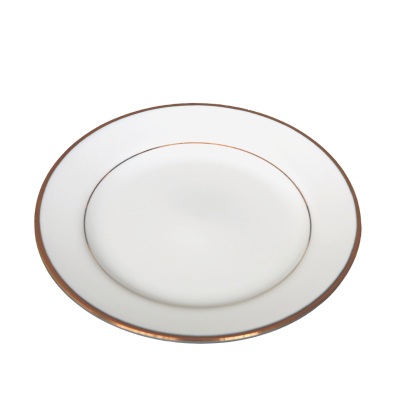 A 9 inch lunch plate with decorative gold rings on and near the edge.