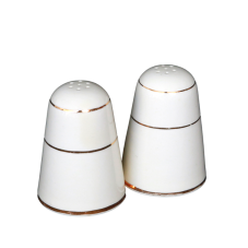 A pair of salt and pepper shakers with gold accents on the bottom, middle, and top.