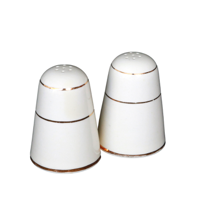 A pair of salt and pepper shakers with gold accents on the bottom, middle, and top.