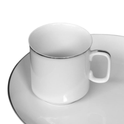 A mug with a platinum bands along the rim and the handle.