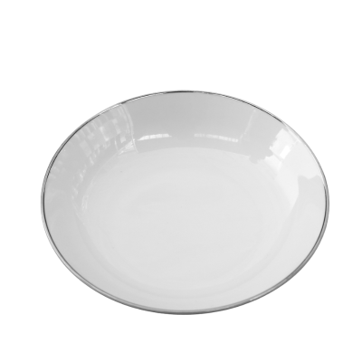 A soup bowl with a platinum band around the rim.