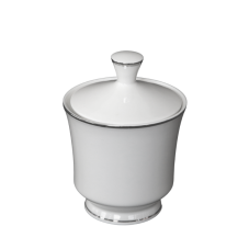 A sugar bowl with platinum band around the top and bottom rims.