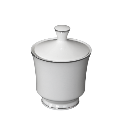 A sugar bowl with platinum band around the top and bottom rims.