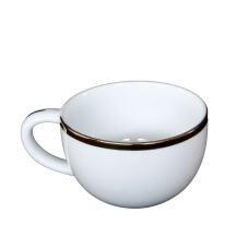 A white coffee cup with a gold rim and a gold accent on the handle.
