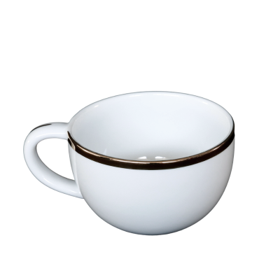 A white coffee cup with a gold rim and a gold accent on the handle.