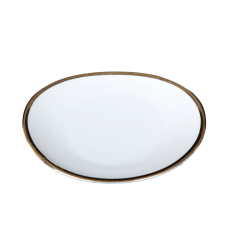 A 9 inch white oval plate with a gold rim.