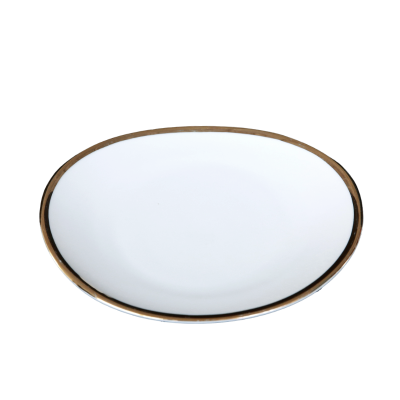 A 9 inch white oval plate with a gold rim.