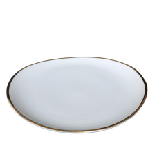 A gold rimmed 11 inch oval dinner plate.