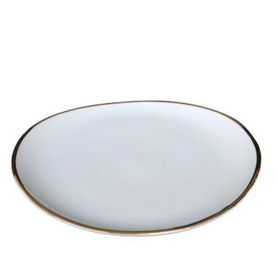 A gold rimmed 11 inch oval dinner plate.