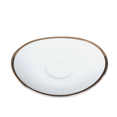 An oval saucer with a gold rim.