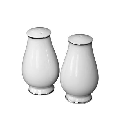 White salt and pepper shakers with platinum bands at the top and bottom.