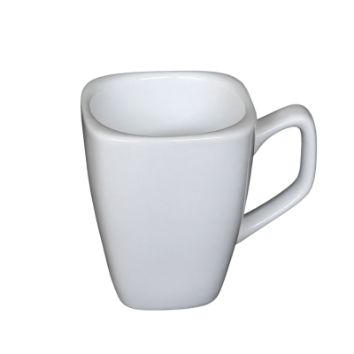 A white square coffee mug cup.