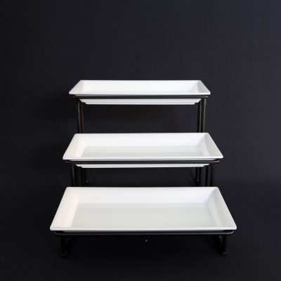 3 tier white rectangular tray rental