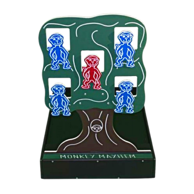 A tree-shaped cutout with five red and blue monkeys.