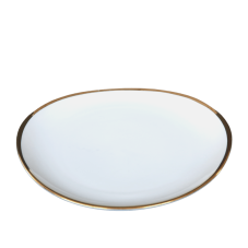 An 8 inch gold-rimmed white oval plate.