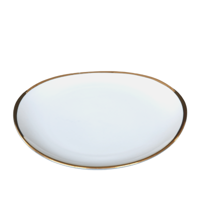 An 8 inch gold-rimmed white oval plate.