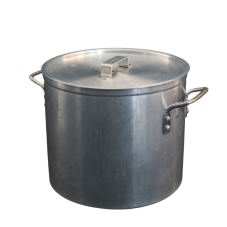 An aluminum pot with handles and a lid.