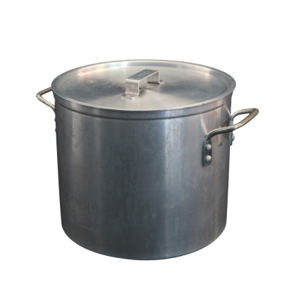 An aluminum pot with handles and a lid.